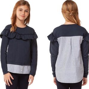 DEX Twofer Ruffle Striped Cotton Blouse Top Navy Blue Girls 10-12Y Size Large